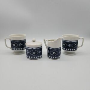 Vintage Paisley Coffee or Tea Set Navy and White 2 Cups, Cream & Sugar Porcelain